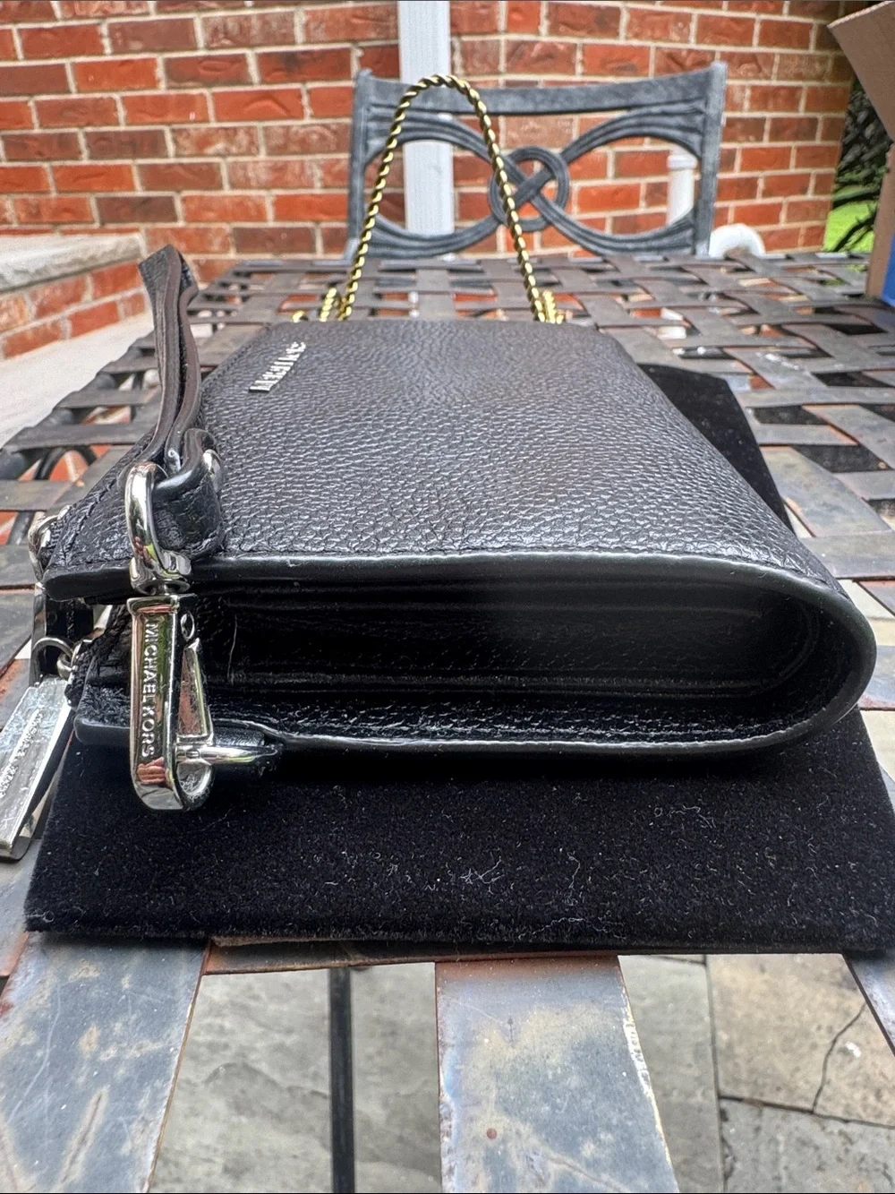 Michael Kors Black Pebbled Leather Zip Wristlet with Gold Logo